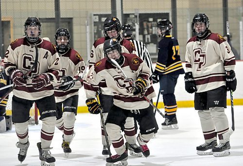 There were plenty of celebrations after goals were scored from some of the key senior players who helped the Crocus Plainsmen finish 13th overall in the Westman High School Hockey League, plus win a playoff game facing the Birtle Falcons in a first round consolation series. Heading for the bench after a goal are (l-r) Will Galatiuk, Gilbert Teneycke, Landan Nadeau, Ren Durward and Liam Bromley. Goach Darren Galatiuk said he relied on his seven veterans to mentor his young team, which finished the regular season with a 10-17-0 record. (Photos by Jules Xavier/The Brandon Sun)