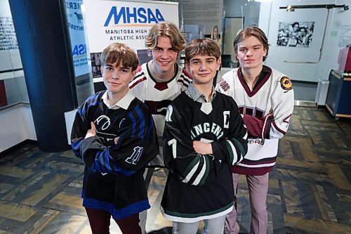 RUTH BONNEVILLE / FREE PRESS

SPORTS - HS hockey presser

Captains of 4 of the 6 teams that have been selected to take part in the 2024 Dairy Farmers of Manitoba Provincial Hockey Championships, pose for a photo together at the media announcement Wednesday.   The two other teams in the tournament: Morden Thunder and Nepawa Tigers.

The news conference for MHSAA provincial AAAA hockey championship tournament took place at the Hockey Hall of Fame.  See story for details.

Names from left: 
Wilton Mullally - Oak Park Raiders ( left front), Troy Boughton - St. Paul's Crusaders, Braeden Lukas - Vincent Massey Trojans (front) and Cole Warsaba - Westwood Warriors (far right).

See story by Josh

March 6th , 2024
 