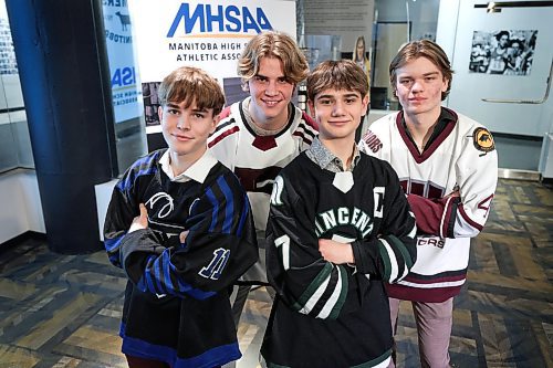 RUTH BONNEVILLE / FREE PRESS

SPORTS - HS hockey presser

Captains of 4 of the 6 teams that have been selected to take part in the 2024 Dairy Farmers of Manitoba Provincial Hockey Championships, pose for a photo together at the media announcement Wednesday.   The two other teams in the tournament: Morden Thunder and Nepawa Tigers.

The news conference for MHSAA provincial AAAA hockey championship tournament took place at the Hockey Hall of Fame.  See story for details.

Names from left: 
Wilton Mullally - Oak Park Raiders ( left front), Troy Boughton - St. Paul's Crusaders, Braeden Lukas - Vincent Massey Trojans (front) and Cole Warsaba - Westwood Warriors (far right).

See story by Josh

March 6th , 2024
 