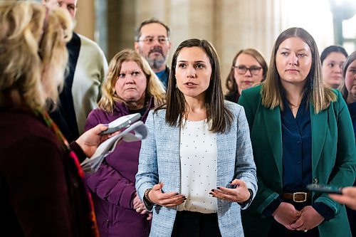 MIKAELA MACKENZIE / FREE PRESS

Liberal MLA Cindy Lamoureux speaks to the Free Press with foster parents behind her at the Manitoba Legislative Building on Wednesday, March 6, 2024. 


For Carol/Danielle story.