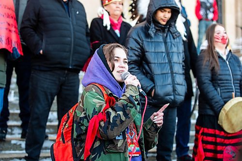 MIKAELA MACKENZIE / FREE PRESS

Cambria Harris, daughter of Morgan Harris, speaks at a protest calling on the government to search the landfills makes at the legislative building on International Women&#x573; Day on Friday, March 8, 2024.