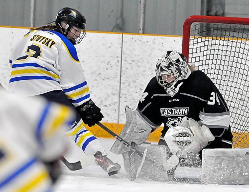 Westman Wildcats forward Erica Stutsky (3) is stopped from in close by Eastman Selects goaltender Addison Tomes (34) during their U18 AAA Manitoba Female Hockey League semifinal series in Hartney. (Jules Xavier/The Brandon Sun)