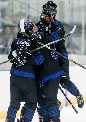 JOHN WOODS / FREE PRESS
Oak Park Raiders celebrate their first goal against the St Paul&#x2019;s Crusaders in the Winnipeg High School Hockey League final at Seven Oaks Arena Monday, March 11, 2024. 

Reporter: josh