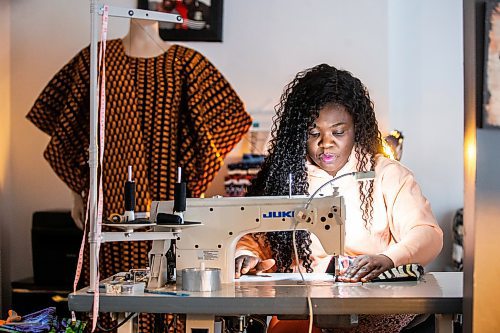 MIKAELA MACKENZIE / FREE PRESS

Oluwayemisi Josephine Ogunwale works on the bodice of a dress in her home studio on Monday, March 11, 2024. Ogunwale is a dressmaker who specializes in making custom-made outfits using Nigerian textiles.

For AV story.