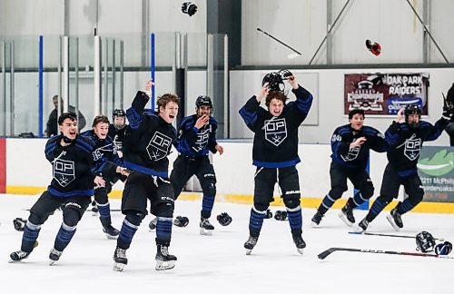 JOHN WOODS / FREE PRESS
Oak Park Raiders celebrate their win over the St Paul&#x2019;s Crusaders in the Winnipeg High School Hockey League final at Seven Oaks Arena Monday, March 11, 2024. 

Reporter: josh