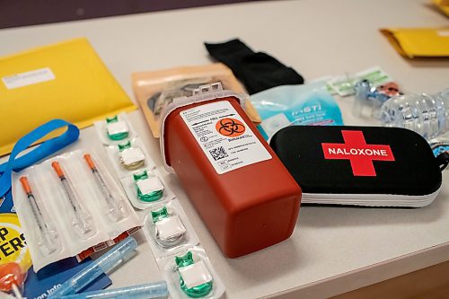 BROOK JONES / FREE PRESS
Harm reduction supplies as well as smudge kits, hygienic kits and sexual health supplies are pictured that will be available from a public harm reduction vending machine at the local ACCESS primary care clinic at 785 Keewatin St., in Winnipeg, Man., The harm reduction supplies and health kits were pictured Tuesday, March 12, 2024.