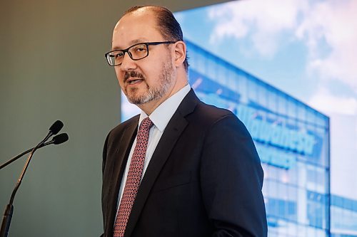 MIKE DEAL / WINNIPEG FREE PRESS
Wawanesa's CEO, Jeff Goy, speaks during the opening of the new headquarters at 236 Carlton St., at True North Square, in downtown Winnipeg, Wednesday morning.
240313 - Wednesday, March 13, 2024.