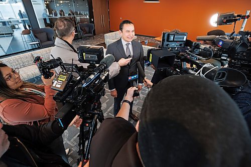 MIKE DEAL / WINNIPEG FREE PRESS
Manitoba Premier, Wab Kinew, speaks to the media after the opening of the new Wawanesa Insurance headquarters at 236 Carlton St., at True North Square, in downtown Winnipeg, Wednesday morning.
240313 - Wednesday, March 13, 2024.