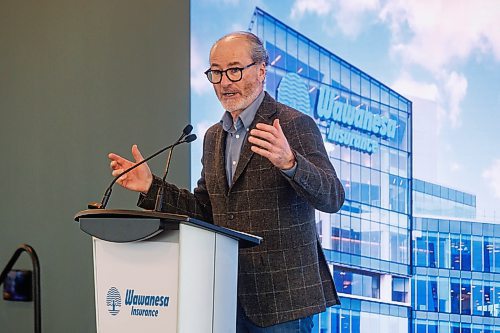MIKE DEAL / WINNIPEG FREE PRESS
CEO of True North Real Estate Development, Jim Ludlow, speaks during the opening of the new Wawanesa Insurance headquarters at 236 Carlton St., at True North Square, in downtown Winnipeg, Wednesday morning.
240313 - Wednesday, March 13, 2024.