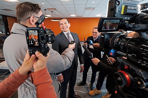 MIKE DEAL / WINNIPEG FREE PRESS
Manitoba Premier, Wab Kinew, speaks to the media after the opening of the new Wawanesa Insurance headquarters at 236 Carlton St., at True North Square, in downtown Winnipeg, Wednesday morning.
240313 - Wednesday, March 13, 2024.