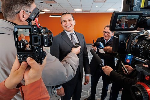 MIKE DEAL / WINNIPEG FREE PRESS
Manitoba Premier, Wab Kinew, speaks to the media after the opening of the new Wawanesa Insurance headquarters at 236 Carlton St., at True North Square, in downtown Winnipeg, Wednesday morning.
240313 - Wednesday, March 13, 2024.