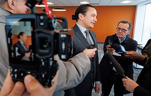 MIKE DEAL / WINNIPEG FREE PRESS
Manitoba Premier, Wab Kinew, speaks to the media after the opening of the new Wawanesa Insurance headquarters at 236 Carlton St., at True North Square, in downtown Winnipeg, Wednesday morning.
240313 - Wednesday, March 13, 2024.