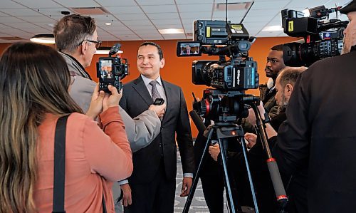 MIKE DEAL / WINNIPEG FREE PRESS
Manitoba Premier, Wab Kinew, speaks to the media after the opening of the new Wawanesa Insurance headquarters at 236 Carlton St., at True North Square, in downtown Winnipeg, Wednesday morning.
240313 - Wednesday, March 13, 2024.