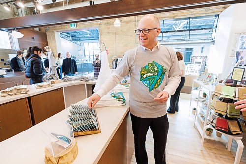 MIKE DEAL / WINNIPEG FREE PRESS
Winnipeg Mayor Scott Gillingham at the official launch of the Winnipeg 150 commemorative merchandise at the Forks Trading Company (204 &#x2013; 1 Forks Market Road) Wednesday afternoon.
240313 - Wednesday, March 13, 2024.