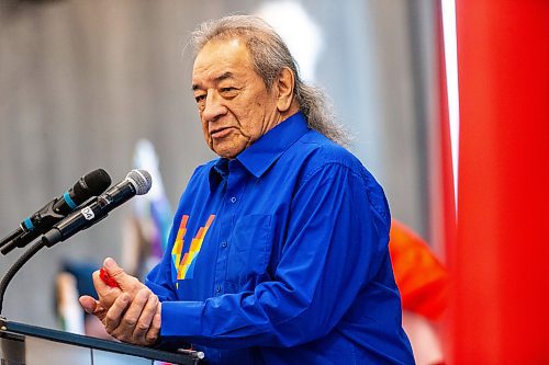 MIKAELA MACKENZIE / FREE PRESS

Dennis Whitebird (with the Assembly of Manitoba Chiefs) speaks before a funding announcement for the National Centre for Truth and Reconciliation in Winnipeg on Thursday, March 14, 2024.  

For Malak story.