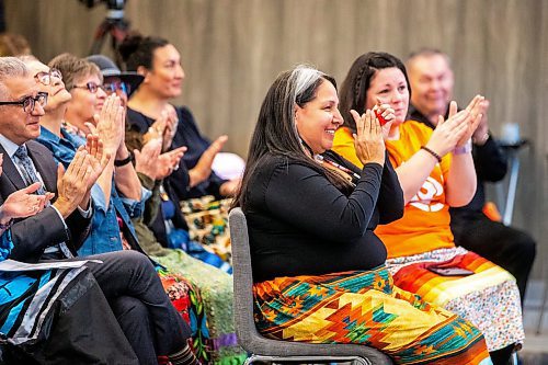 MIKAELA MACKENZIE / FREE PRESS

National Centre for Truth and Reconciliation executive director Stephanie Scott claps after five million in funding is announced from the Winnipeg Foundation in Winnipeg on Thursday, March 14, 2024.  

For Malak story.