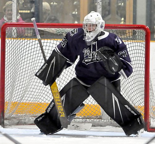 In 22 games between the pipes for the Vincent Massey Vikings, goaltender Sawyer Wallin (31) made 689 saves, recorded four shutouts and posted a 2.14 goals-against average and .935 save percentage. (Jules Xavier/The Brandon Sun)