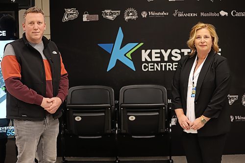 Jacobson & Greiner Group representative Jordan Funk and Keystone Centre general manager Connie Lawrence. Lawrence says the cost of the seat-replacement project "slightly exceeded the initial $1.8-million budget.” Photos: Abiola Odutola/The Brandon Sun