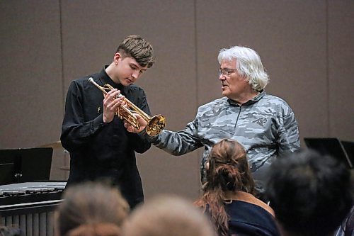 Internationally-acclaimed musician and trumpeter, Brandon University's Prof. Edward Bach, gives Leland Klassen from Winnipeg's Garden City Collegiate some guidance on how to use his trumpet during a masterclass on the instrument on Friday afternoon, part of BU's three-day Jazz Festival. (Matt Goerzen/The Brandon Sun)