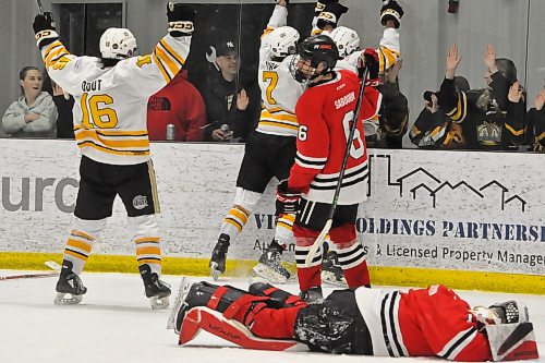 A dejected Pembina Valley Hawks goalie Bryson Yaschyshyn lays on the ice after Brandon Wheat Kings sniper Jaxon Jacobson scored his second goal of the game at the four-minute mark of the third to give his team a 3-2 lead. The Wheat Kings would add another goal en route to a 4-2 win and sweep of the best-of-five semifinals series 3-0. (Jules Xavier/The Brandon Sun)