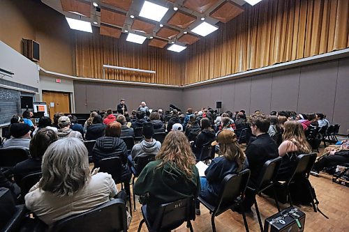 Music students pack the Kinsmen Rehearsal Hall on Friday afternoon to listen to internationally-acclaimed trumpeter, Brandon University's Prof. Edward Bach, during his trumpet masterclass, offered as part of BU's three-day Jazz Festival. (Matt Goerzen/The Brandon Sun)
