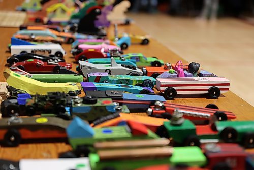 The collection of race cars that were handmade by Beavers, Cubs, and Scouts of Westman at the Kubkar Regional Rally held at Ecole New Era School gym on Saturday. Prizes were awarded for the fastest as well as best design. (Michele McDougall/The Brandon Sun) 