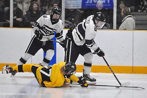Despite falling to the ice, Neepawa Tigers forward Brody Pollock (17) tries to slow down Vincent Massey Vikings sniper Carter Dittmer, who was held to two assists, during the Sunday afternoon game moved from Flynn to Enns Brothers Arena due to ice problems. Vikings captain Josh Ransom (11) had a goal in his team's 7-2 win to stave off elimination and force Game 3 on Wednesday in Neepawa. (Jules Xavier/The Brandon Sun)