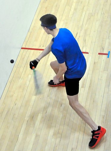 U18 Brandonite racquetball player Leyton Gouldie uses his hard backhand during men's doubles Saturday afternoon at the Sportsplex. While his team did not medal, the 17-year-old finished second in the men's open singles event during the Brandon Blasters Open racquetball tournament, losing to 31-year-old Kurtis Cullen. (Photos by Jules Xavier/The Brandon Sun)