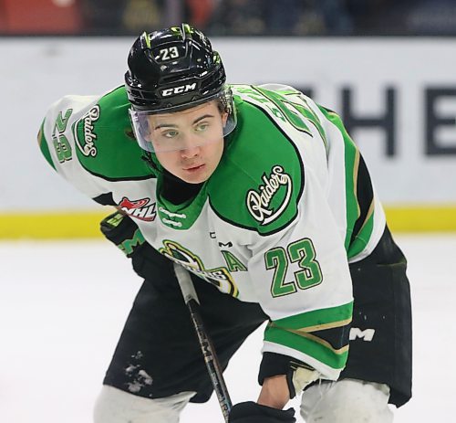 Prince Albert Raiders forward Sloan Stanick of Rapid City, who showed steady growth during his five-year career in the Western Hockey League, has enjoyed a breakout final season with 81 points in 65 games. He is shown during his final game against the Brandon Wheat Kings at Westoba Place on Saturday. (Perry Bergson/The Brandon Sun)
March 19, 2024