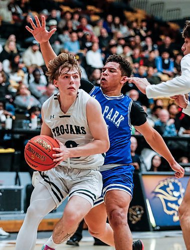 JOHN WOODS / FREE PRESS
Oak Park Onan Furst (14) defends against Vincent Massey Chris Piotrowski (8)  in the AAAA Provincial Basketball Championship at the University of Manitoba Monday, March 18, 2024.  

Reporter: mike