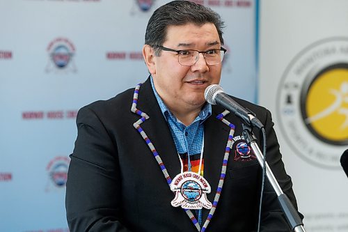 MIKE DEAL / WINNIPEG FREE PRESS
Norway House Cree Nation Deputy Chief Edward Albert speaks during the announcement.
The Manitoba Aboriginal Sports and Recreation Council announce, during a press conference Monday morning at the Norway House Cree Nation Building (820 Taylor Avenue), that the 2025 Manitoba Indigenous Summer Games will be happening in Norway House Cree Nation and Sagkeeng Anicinabe Nation in July and August of 2025.
See Josh Frey-Sam story
240318 - Monday, March 18, 2024.