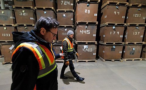 MIKE DEAL / WINNIPEG FREE PRESS
BrettYoung CEO, Erik Dyck (right) and COO, Cory Baseraba (left), in the bin warehouse during a tour showing off their facility just south off the South Permiter Highway west of the Brady land fill, including their new $20 million seed cleaning and packaging facility.
See Martin Cash story
240320 - Wednesday, March 20, 2024.