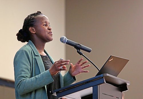 City of Brandon community planner Sonikile Tembo presents a draft 30-year City Plan to a large crowd of people at the Keystone Centre on Wednesday afternoon. (Matt Goerzen/The Brandon Sun)