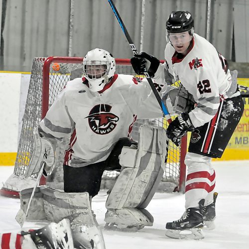 Miniota/Elkhorn C-Hawks goalie Cory Gardham and D-man Josh Martin (22) will be in Killarney Saturday night to face the Shamrocks in Game one of the Tiger Hills Hockey League championship series. Puck drop at 7:30 p.m. The C-Hawks are the defending league champions, looking to repeat. (Jules Xavier/The Brandon Sun)