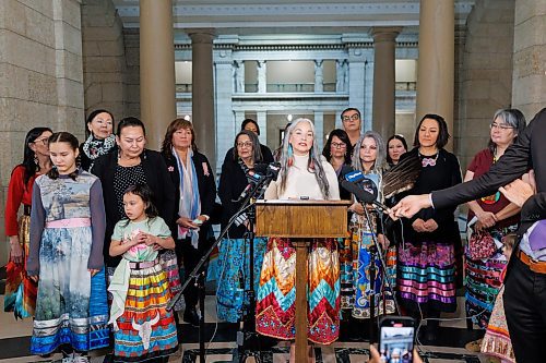 MIKE DEAL / WINNIPEG FREE PRESS
Families Minister Nahanni Fontaine presents members of the first gathering of a new Matriarch Circle that will prioritize the protection and well-being of Indigenous women, girls and gender diverse people, in the Manitoba Legislative Building Thursday morning.
See Carol Sanders story
240321 - Thursday, March 21, 2024.