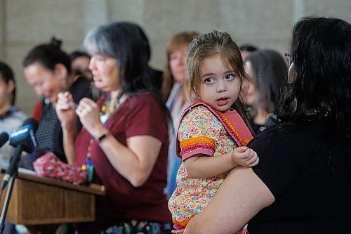 MIKE DEAL / WINNIPEG FREE PRESS
Perri McIntosh, 2, with her mom, Erika, listens to her grandmother, Karen Swain, a member of the new Matriarch Circle speak during the announcement by Families Minister Nahanni Fontaine at the Manitoba Legislative Building Thursday morning. The Matriarch Circle will prioritize the protection and well-being of Indigenous women, girls and gender diverse people,.
See Carol Sanders story
240321 - Thursday, March 21, 2024.