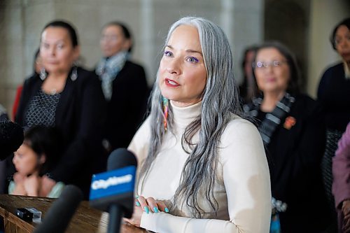 MIKE DEAL / WINNIPEG FREE PRESS
Families Minister Nahanni Fontaine presents members of the first gathering of a new Matriarch Circle that will prioritize the protection and well-being of Indigenous women, girls and gender diverse people, in the Manitoba Legislative Building Thursday morning.
See Carol Sanders story
240321 - Thursday, March 21, 2024.