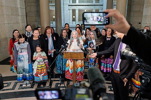 MIKE DEAL / WINNIPEG FREE PRESS
Families Minister Nahanni Fontaine presents members of the first gathering of a new Matriarch Circle that will prioritize the protection and well-being of Indigenous women, girls and gender diverse people, in the Manitoba Legislative Building Thursday morning.
See Carol Sanders story
240321 - Thursday, March 21, 2024.