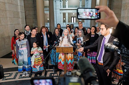 MIKE DEAL / WINNIPEG FREE PRESS
Families Minister Nahanni Fontaine presents members of the first gathering of a new Matriarch Circle that will prioritize the protection and well-being of Indigenous women, girls and gender diverse people, in the Manitoba Legislative Building Thursday morning.
See Carol Sanders story
240321 - Thursday, March 21, 2024.