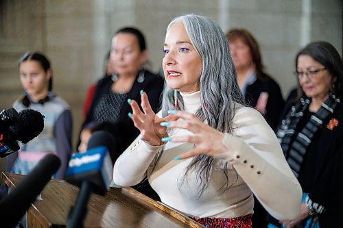 MIKE DEAL / WINNIPEG FREE PRESS
Families Minister Nahanni Fontaine presents members of the first gathering of a new Matriarch Circle that will prioritize the protection and well-being of Indigenous women, girls and gender diverse people, in the Manitoba Legislative Building Thursday morning.
See Carol Sanders story
240321 - Thursday, March 21, 2024.