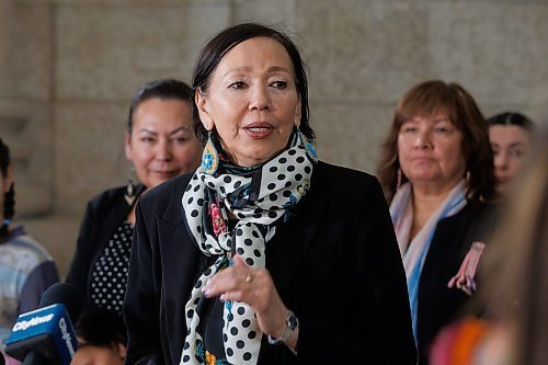 MIKE DEAL / WINNIPEG FREE PRESS
Tina Keeper, former MP for Churchill, a member of the new Matriarch Circle, speaks during the announcement by Families Minister Nahanni Fontaine at the Manitoba Legislative Building Thursday morning. The Matriarch Circle will prioritize the protection and well-being of Indigenous women, girls and gender diverse people,.
See Carol Sanders story
240321 - Thursday, March 21, 2024.