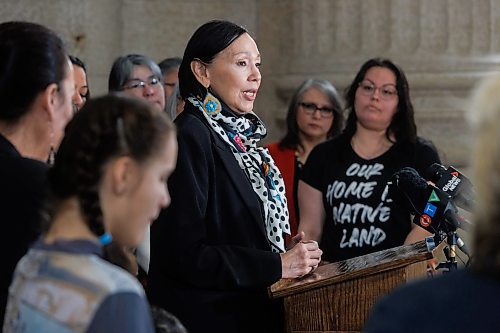 MIKE DEAL / WINNIPEG FREE PRESS
Tina Keeper, former MP for Churchill, a member of the new Matriarch Circle, speaks during the announcement by Families Minister Nahanni Fontaine at the Manitoba Legislative Building Thursday morning. The Matriarch Circle will prioritize the protection and well-being of Indigenous women, girls and gender diverse people,.
See Carol Sanders story
240321 - Thursday, March 21, 2024.