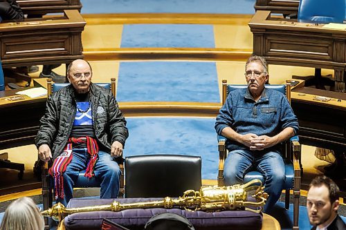 MIKE DEAL / WINNIPEG FREE PRESS
Edward Ambrose (left) and Richard Beauvais (right) are invited to sit in the Assembly Chamber while Premier Wab Kinew offers an apology Thursday afternoon in the Manitoba Legislative Building.
Edward Ambrose and Richard Beauvais were born on the same day at the same hospital in Arborg in 1955. The babies were sent home with the wrong families, and the error didn&#x2019;t come to light until more than six decades later via at-home ancestry DNA tests.
240321 - Thursday, March 21, 2024.