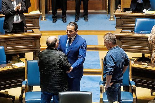 MIKE DEAL / WINNIPEG FREE PRESS
Premier Wab Kinew shakes Edward Ambrose hand after apologizing to him and Richard Beauvais (right) Thursday afternoon in the Manitoba Legislative Building.
Edward Ambrose and Richard Beauvais were born on the same day at the same hospital in Arborg in 1955. The babies were sent home with the wrong families, and the error didn&#x2019;t come to light until more than six decades later via at-home ancestry DNA tests.
240321 - Thursday, March 21, 2024.
