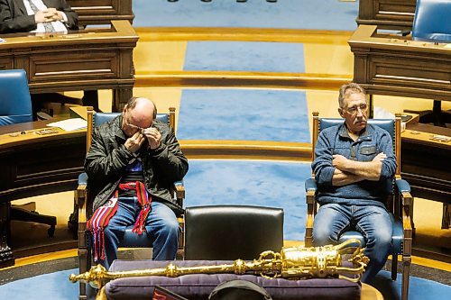 MIKE DEAL / WINNIPEG FREE PRESS
Edward Ambrose (left) wipes his eyes while he and  Richard Beauvais (right) listen to Premier Wab Kinew&#x2019;s apology Thursday afternoon in the Manitoba Legislative Building.
Edward Ambrose and Richard Beauvais were born on the same day at the same hospital in Arborg in 1955. The babies were sent home with the wrong families, and the error didn&#x2019;t come to light until more than six decades later via at-home ancestry DNA tests.
240321 - Thursday, March 21, 2024.