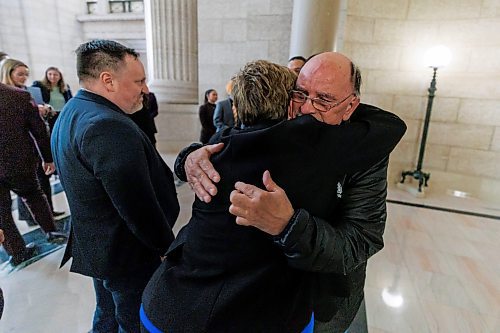 MIKE DEAL / WINNIPEG FREE PRESS
Lisa Naylor Minister of Transportation and Infrastructure, Minister of Consumer Protection and Government Services hugs an emotional Edward Ambrose after Premier Wab Kinew offered apologies to him and Richard Beauvais.
Edward Ambrose and Richard Beauvais are invited to sit in the Assembly Chamber while Premier Wab Kinew offers an apology Thursday afternoon in the Manitoba Legislative Building.
Edward Ambrose and Richard Beauvais were born on the same day at the same hospital in Arborg in 1955. The babies were sent home with the wrong families, and the error didn&#x2019;t come to light until more than six decades later via at-home ancestry DNA tests.
240321 - Thursday, March 21, 2024.