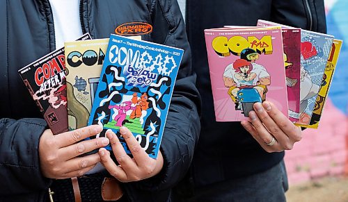 MIKE DEAL / WINNIPEG FREE PRESS
Comrad Comics started in 2019 when friends and former Steinbach classmates Matthew Dyck (right) and Hely Schumann decided to join forces and create the first issue, featuring locally made comics by themselves and one other artist. Five years and six issues later, Comrad has published 30 artists, with their unique, creator-oriented business model more focused on their contributors getting paid than themselves. Dyck and Schumann both hold full-time creative jobs in marketing and graphic design, so for them, Comrad is a volunteer effort.
See Ben Waldman story
240313 - Wednesday, March 13, 2024.