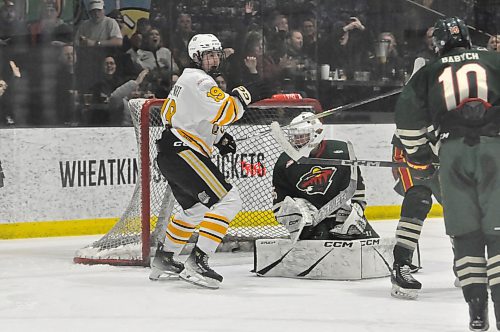 Brandon Wheat Kings forward Ethan Stewart (19) celebrates his team's second goal during second period action from Game 1 of the Manitoba U18 AAA Hockey League championship series Friday night at J&G Homes Arena. Winnipeg Wild goalie Jacob Armstrong looks over his shoulder after Brandon D-man Kaeson Fisher scored his first goal of the playoffs with a slapshot from the blue-line. (Jules Xavier/The Brandon Sun)