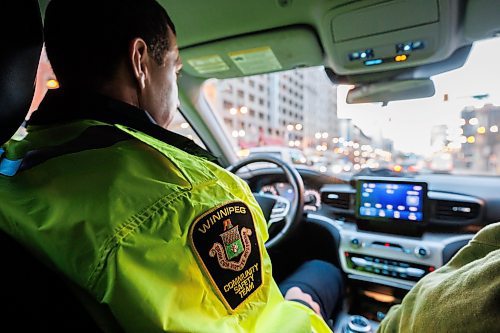 MIKE DEAL / WINNIPEG FREE PRESS
Sean Berman Safety Officer Supervisor drives along Portage Avenue provides support to the Community Safety Officers who are patroling downtown streets early Friday morning.
See Malak Abas story
240322 - Friday, March 22, 2024.