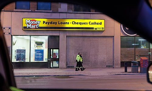 MIKE DEAL / WINNIPEG FREE PRESS
Community Safety Officers patrol along Portage Avenue early Friday morning.
See Malak Abas story
240322 - Friday, March 22, 2024.